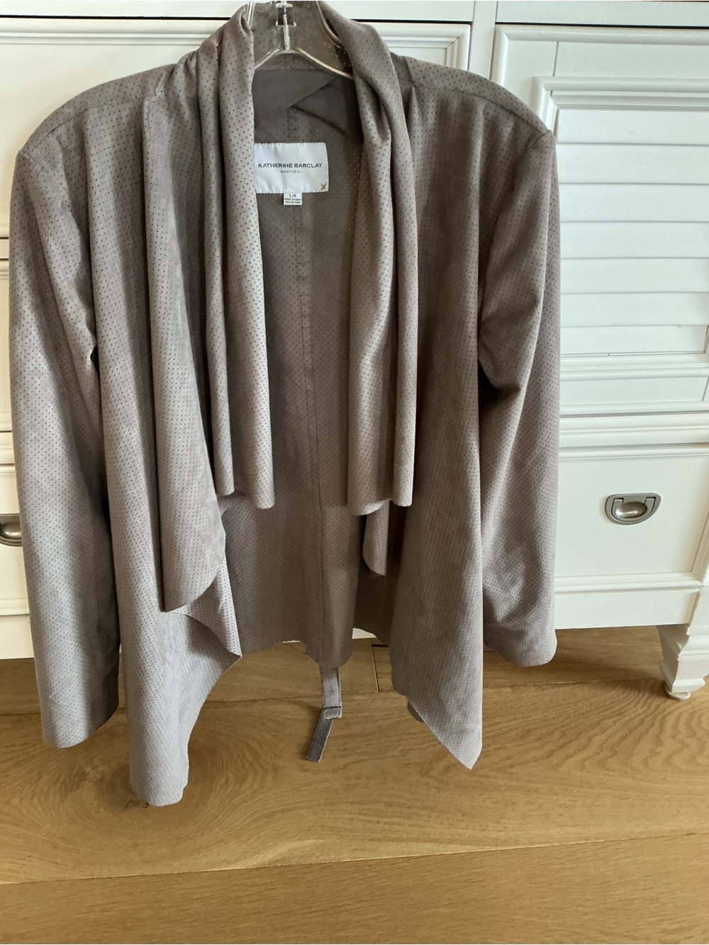 Katherine Barclay Taupe Draped Open-Front Suede jacket.